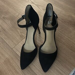 Black suede ankle strap heel